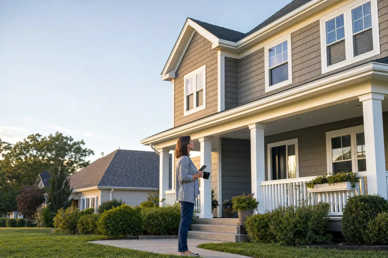 A homeowner outside her two-story house with a covered porch
